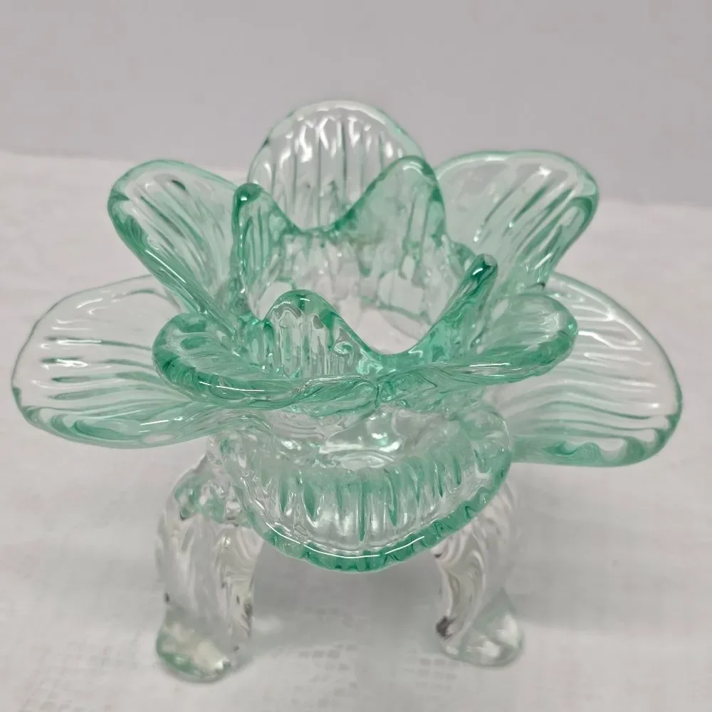Vintage Teal Recycled Glass Footed Lotus Flower Candle Holder Art Deco Boho